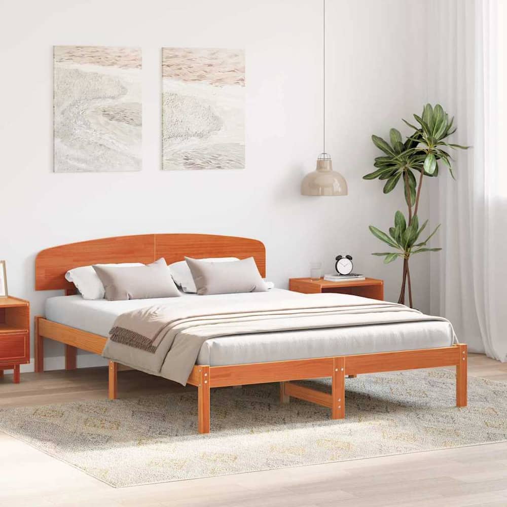Bed Frame with Headboard Solid Pine Wood Length 200 cm Wax Brown 140 cm
