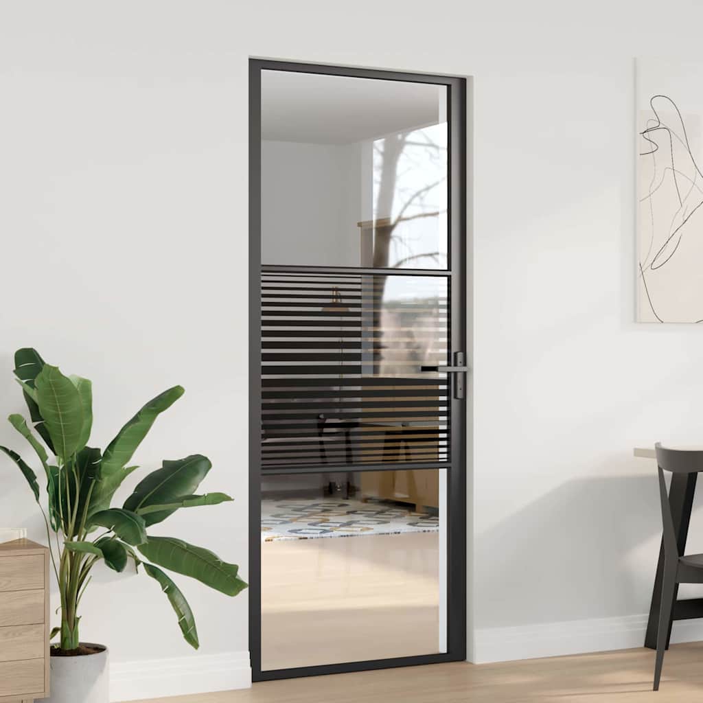 Interior Door ESG Glass and Aluminium Black Black 83 x 201.5 cm with stripe lines design