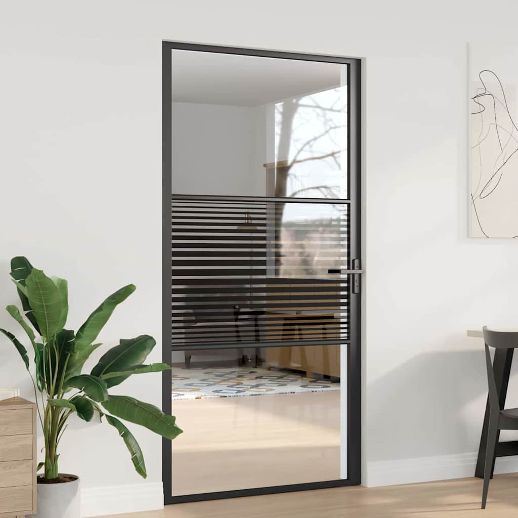 Interior Door ESG Glass and Aluminium Black Black 102.5 x 201.5 cm with stripe lines design
