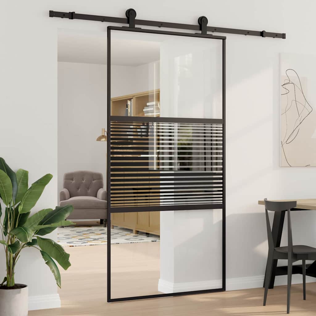Sliding Door ESG Glass and Aluminium Black 102 x 205 cm with stripe lines design