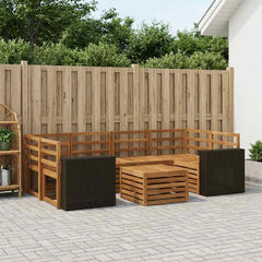 Outdoor Sofa Set 7 pcs 6-Seaters Solid Acacia Wood Natural Metal frame with black rattan