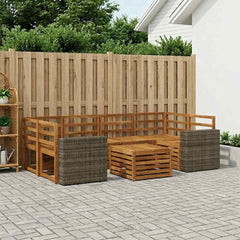 Outdoor Sofa Set 7 pcs 6-Seaters Solid Acacia Wood Natural Metal frame with grey rattan