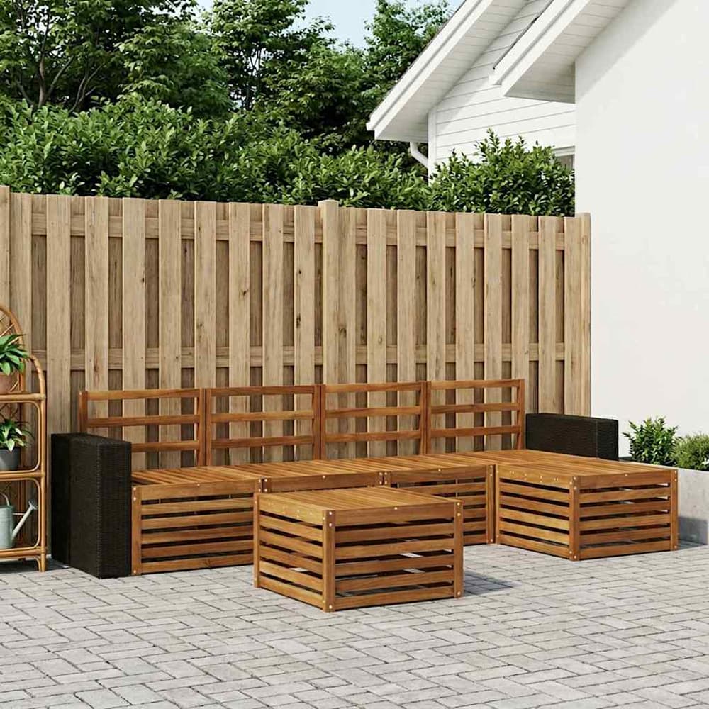 Outdoor Sofa Set 6 pcs 5-Seaters Solid Acacia Wood Natural Metal frame with black rattan