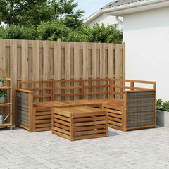 Outdoor Sofa Set 5 pcs Polyester Natural Wooden frame with grey rattan