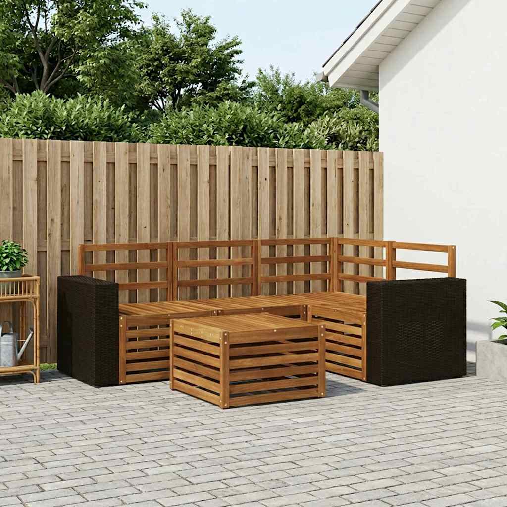 Outdoor Sofa Set 5 pcs Polyester Natural Metal frame with black rattan
