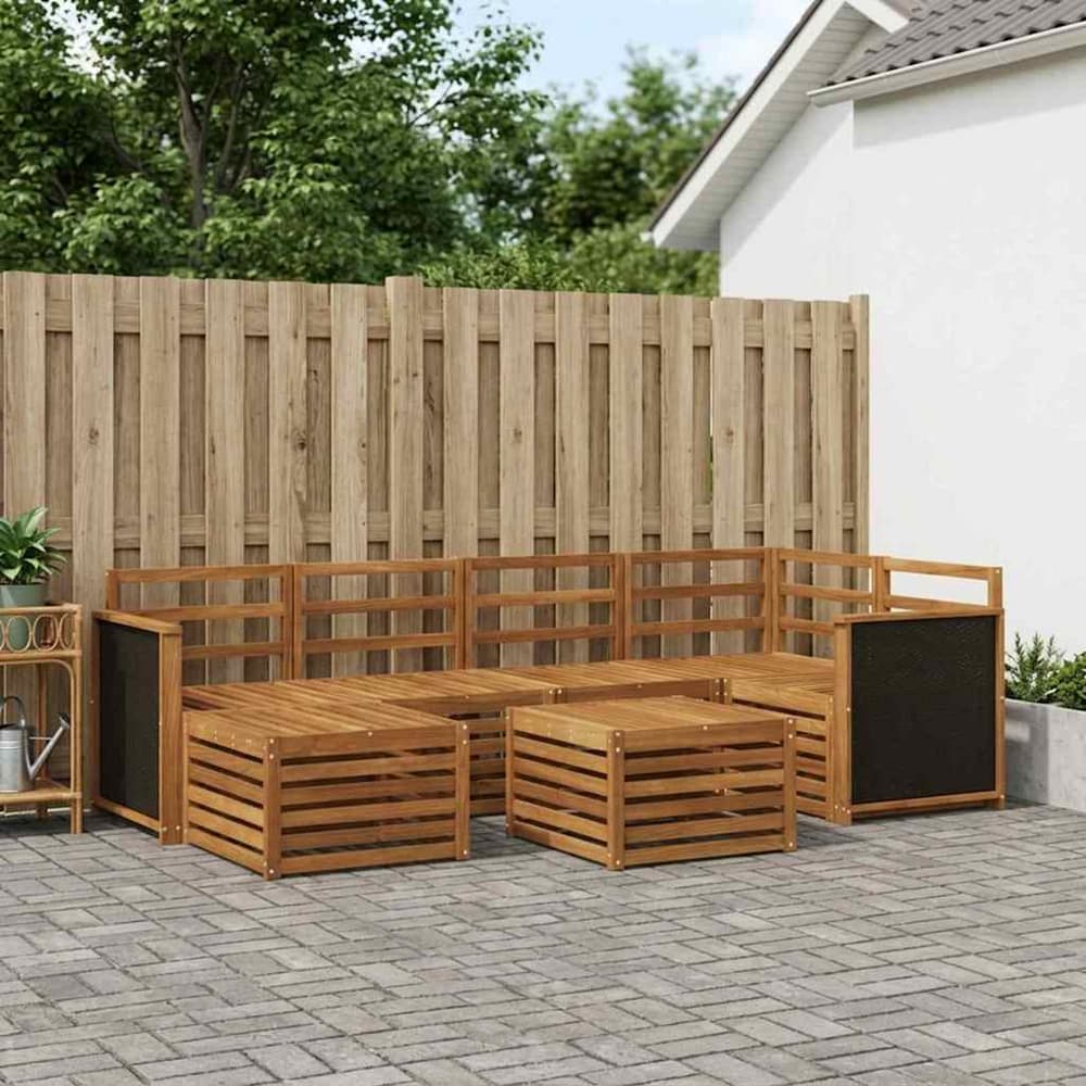 Outdoor Sofa Set 7 pcs 5-Seaters Solid Acacia Wood Natural Wooden frame with black rattan