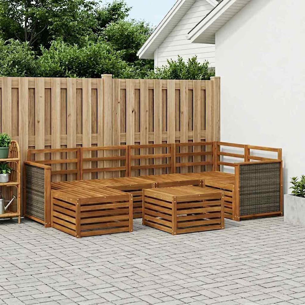 Outdoor Sofa Set 7 pcs 5-Seaters Solid Acacia Wood Natural Wooden frame with grey rattan