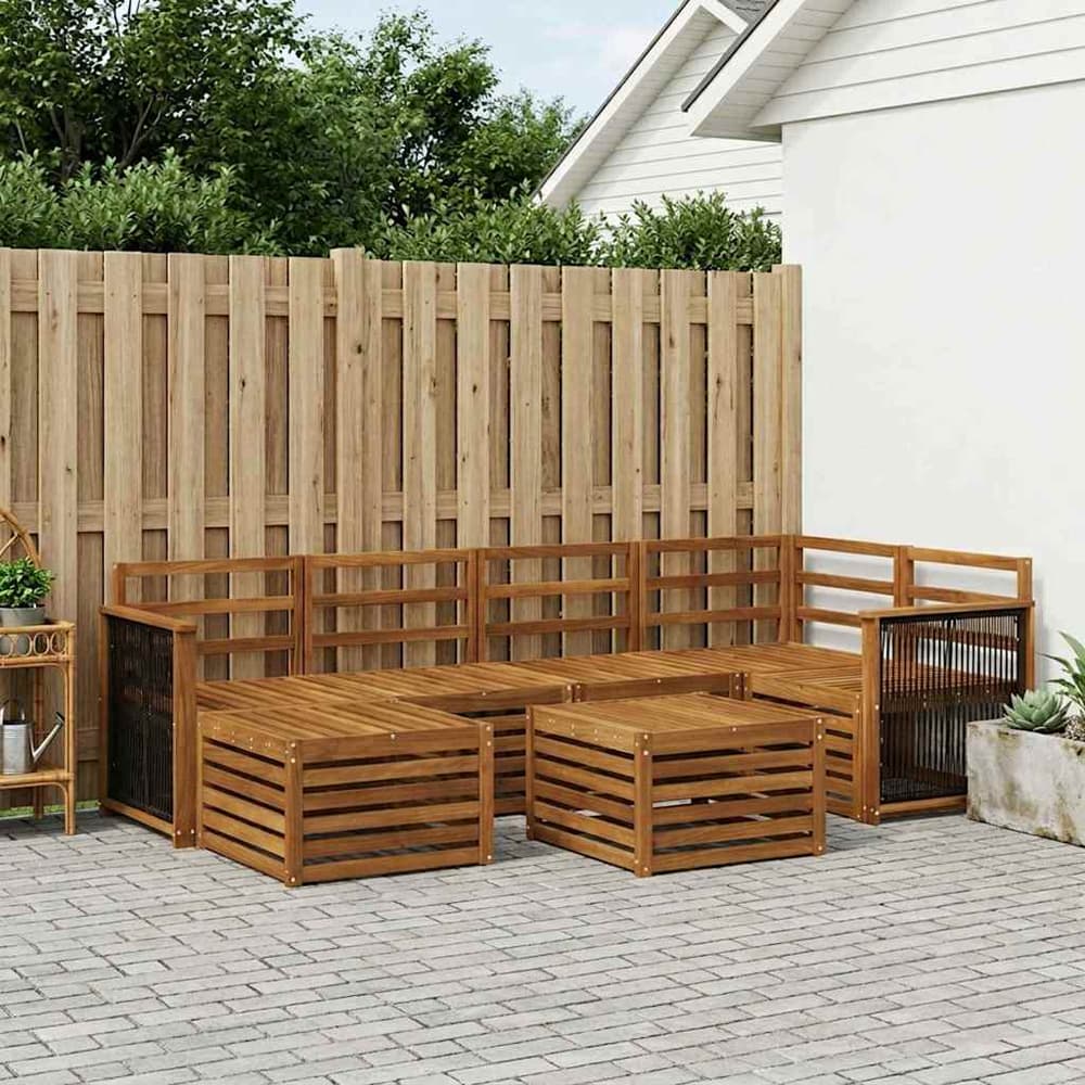 Outdoor Sofa Set 7 pcs 5-Seaters Solid Acacia Wood Natural Wooden frame with black rope