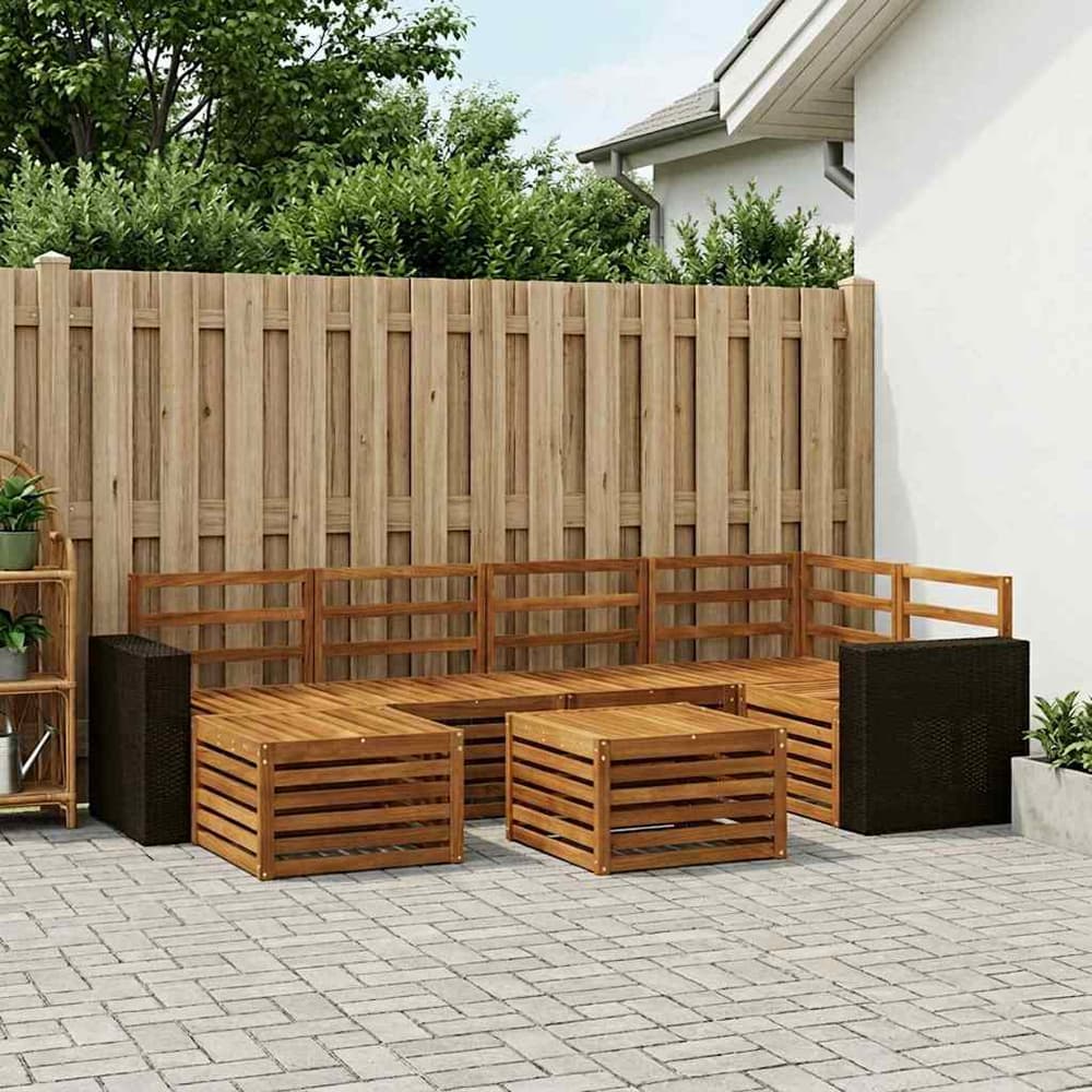 Outdoor Sofa Set 7 pcs 5-Seaters Solid Acacia Wood Natural Metal frame with black rattan