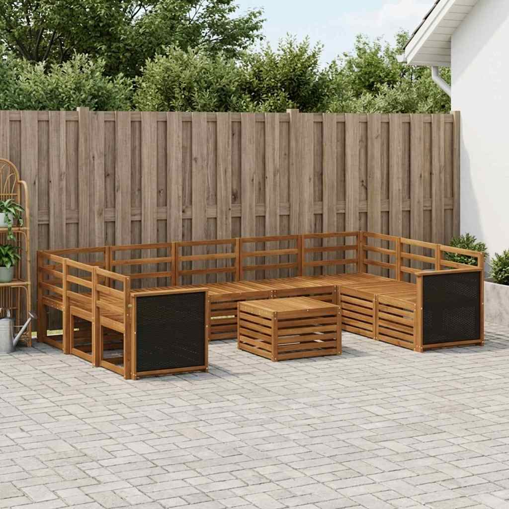 Outdoor Sofa Set 10 pcs Natural Wooden frame with black rattan