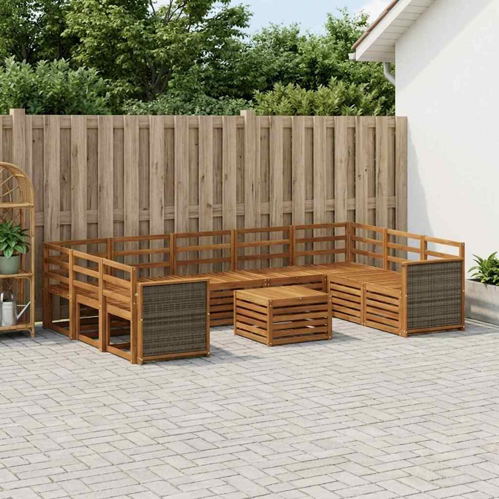 Outdoor Sofa Set 10 pcs Natural Wooden frame with grey rattan