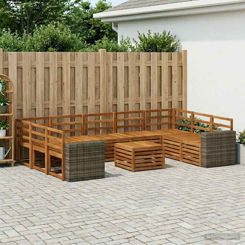 Outdoor Sofa Set 10 pcs Natural Metal frame with grey rattan