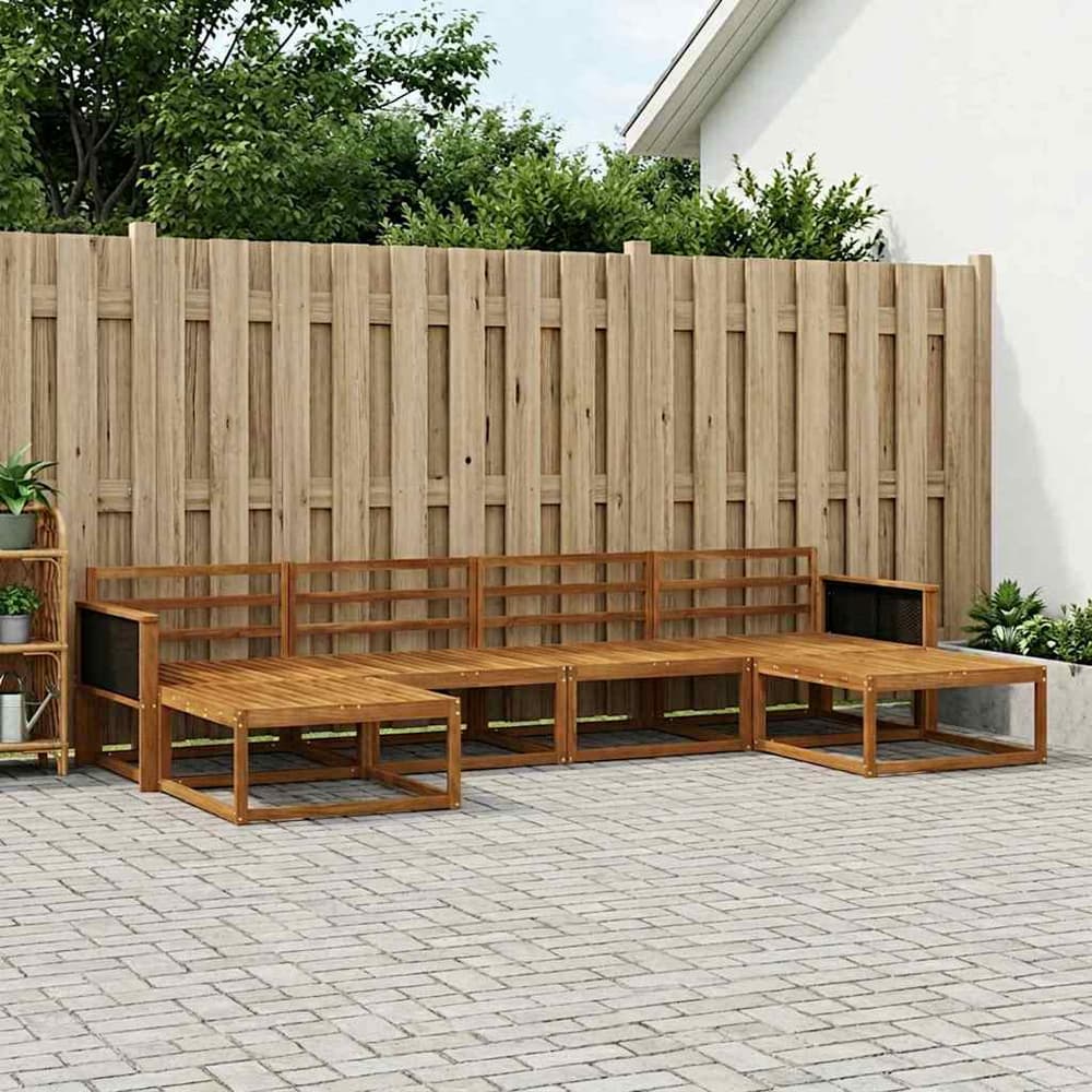 Outdoor Sofa Set 6 pcs 6-Seaters Natural Solid Acacia Wood Black rattan