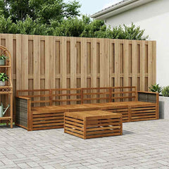Outdoor Sofa Set 5 pcs 4-Seaters Natural Solid Acacia Wood Wooden frame with grey rattan