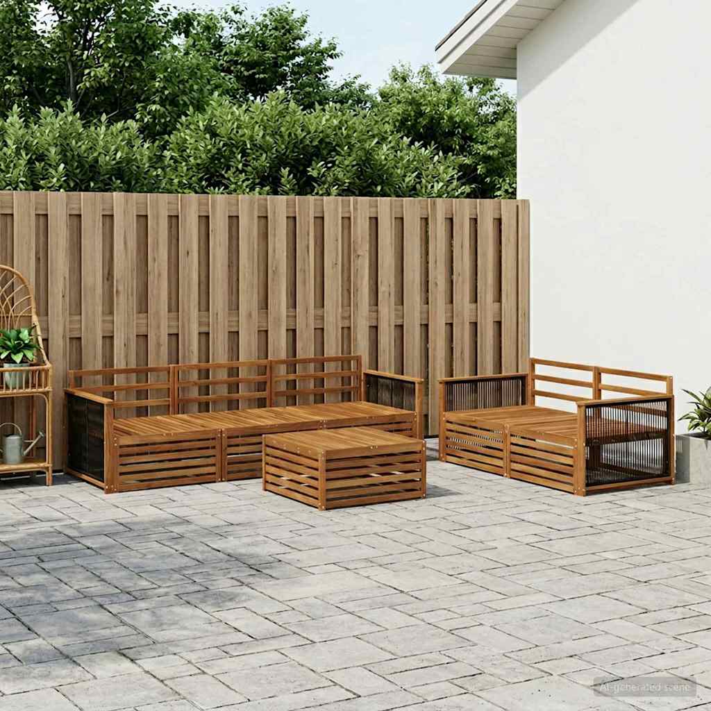 Outdoor Sofa Set 6 pcs 5-Seaters Solid Acacia Wood Natural Wooden frame with black rope