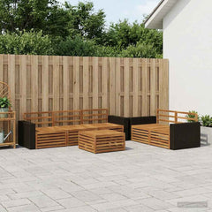 Outdoor Sofa Set 6 pcs 5-Seaters Solid Acacia Wood Natural Metal frame with black rattan