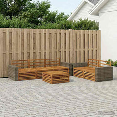 Outdoor Sofa Set 6 pcs 5-Seaters Solid Acacia Wood Natural Metal frame with grey rattan