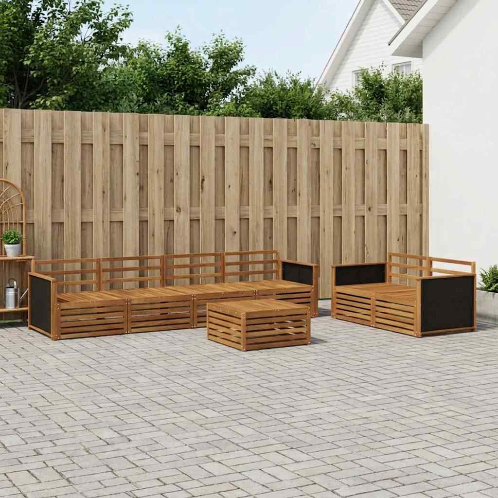 Outdoor Sofa Set 7 pcs 6-Seaters Natural Solid Acacia Wood Wooden frame with black rattan