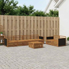 Outdoor Sofa Set 7 pcs 6-Seaters Natural Solid Acacia Wood Wooden frame with black rattan
