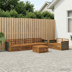Outdoor Sofa Set 7 pcs 6-Seaters Natural Solid Acacia Wood Wooden frame with grey rattan
