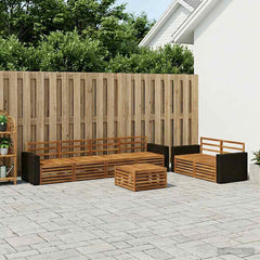 Outdoor Sofa Set 7 pcs 6-Seaters Natural Solid Acacia Wood Metal frame with black rattan