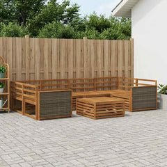Outdoor Sofa Set 7 pcs 6-Seaters Natural Solid Acacia Wood Wooden frame with grey rattan