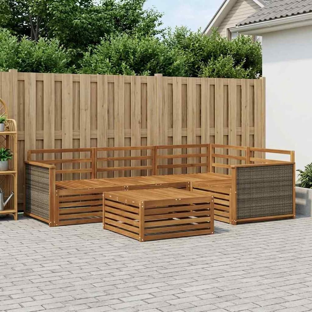 Outdoor Sofa Set 5 pcs Natural Solid Acacia Wood Wooden frame with grey rattan