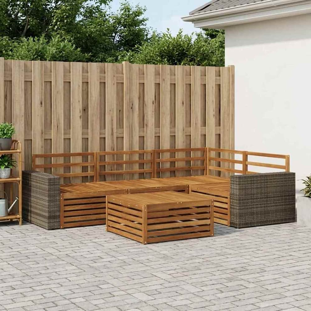 Outdoor Sofa Set 5 pcs Natural Solid Acacia Wood Metal frame with grey rattan