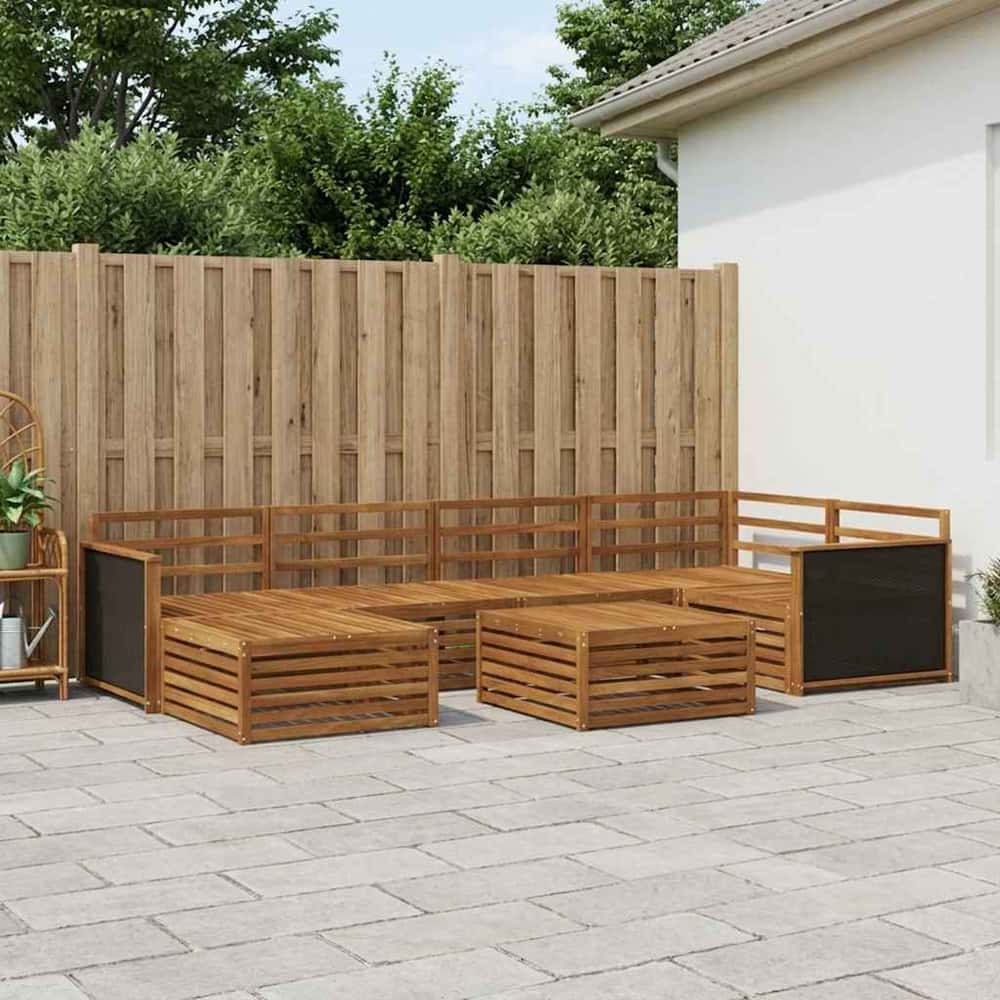 Outdoor Sofa Set 7 pcs 6-Seaters Natural Solid Acacia Wood Wooden frame with black rattan