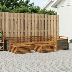 Outdoor Sofa Set 7 pcs 6-Seaters Natural Solid Acacia Wood Wooden frame with grey rattan