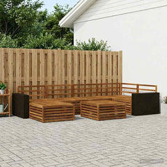 Outdoor Sofa Set 7 pcs 6-Seaters Natural Solid Acacia Wood Metal frame with black rattan