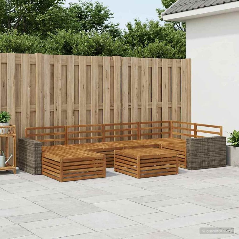 Outdoor Sofa Set 7 pcs 6-Seaters Natural Solid Acacia Wood Metal frame with grey rattan