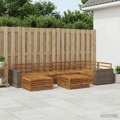 Outdoor Sofa Set 7 pcs 6-Seaters Natural Solid Acacia Wood Metal frame with grey rattan
