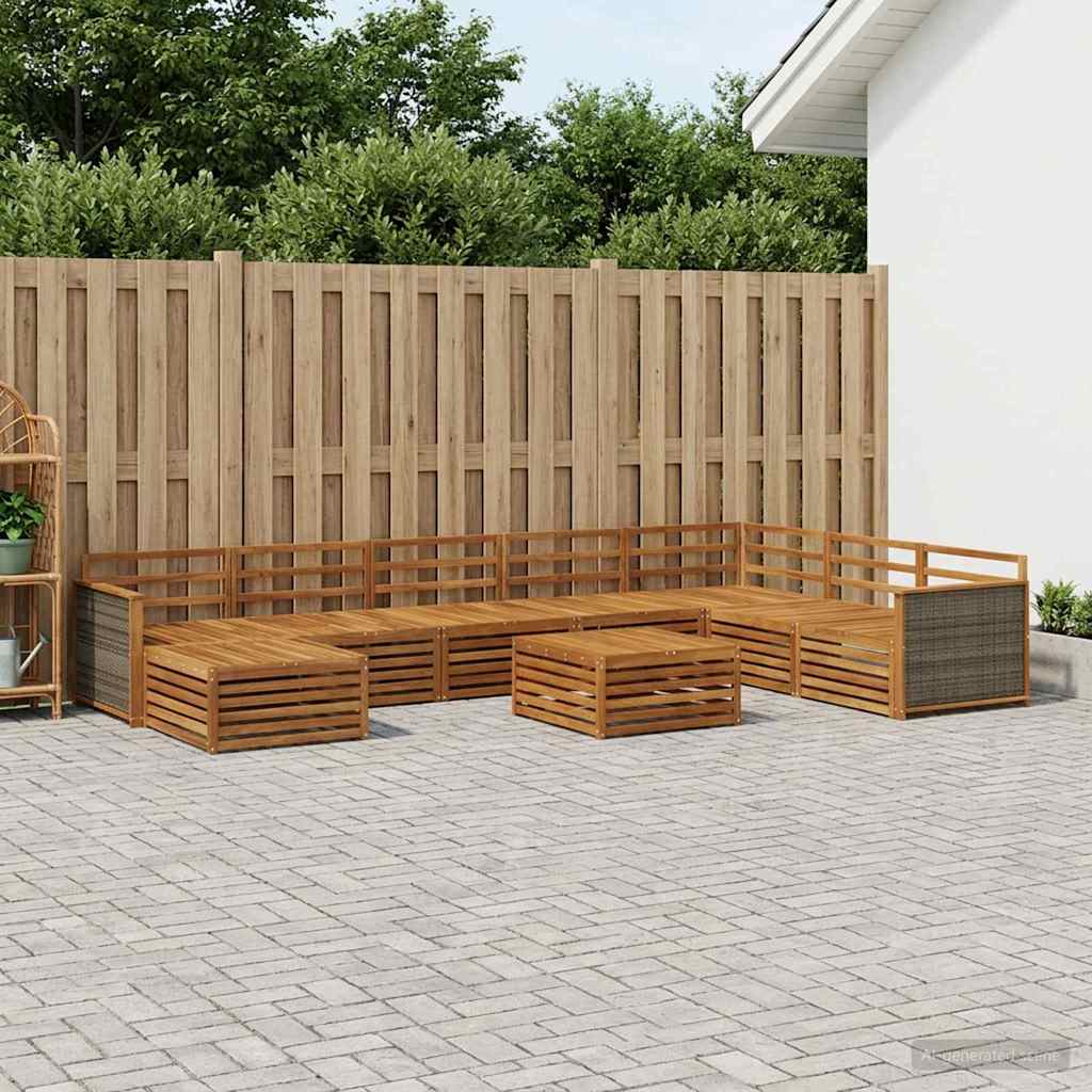 Outdoor Sofa Set 9 pcs Natural Solid Acacia Wood Wooden frame with grey rattan