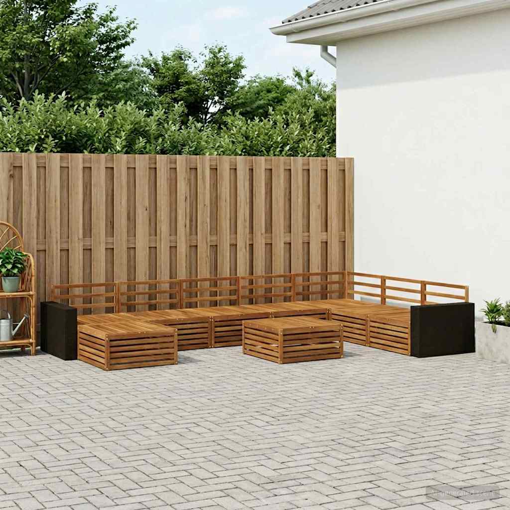 Outdoor Sofa Set 9 pcs Natural Solid Acacia Wood Metal frame with black rattan