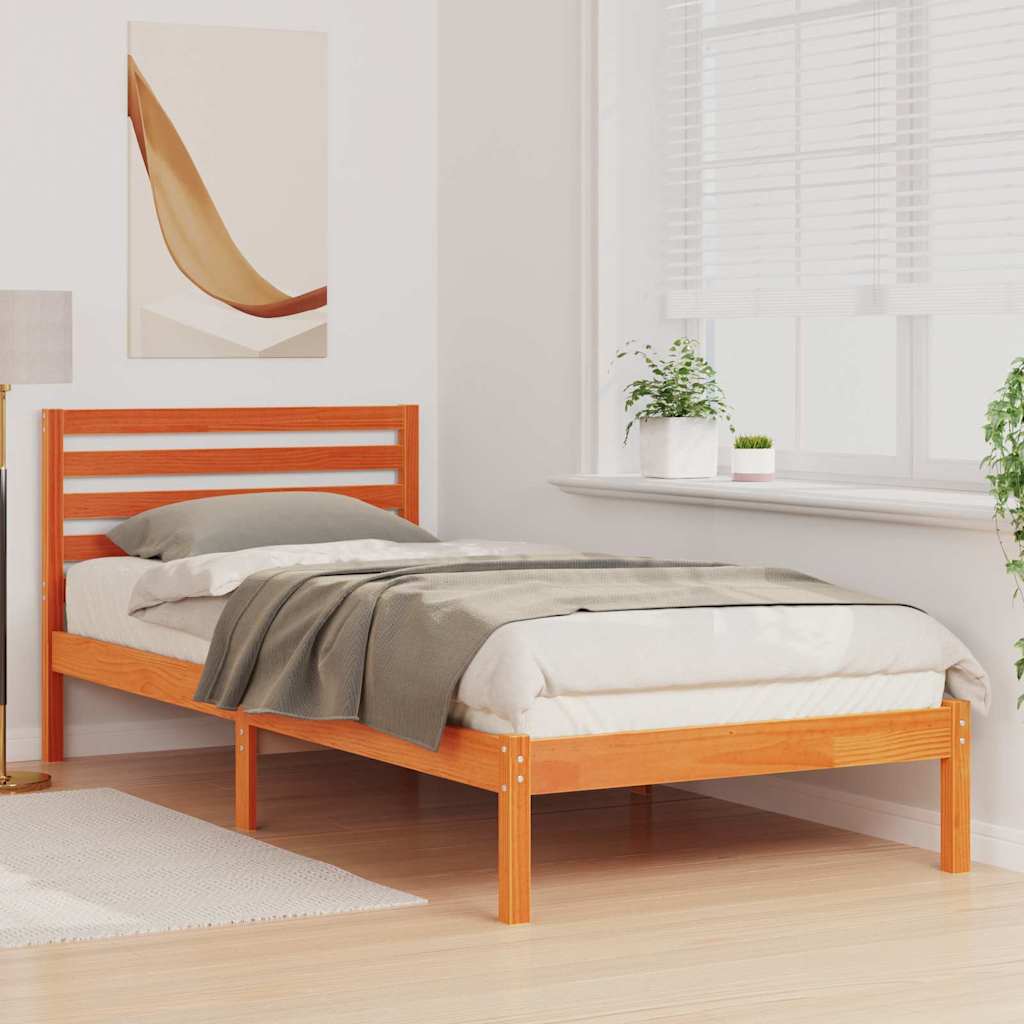 Bed Frame with Headboard Solid Pine Wood Wax Brown Length 210 cm 90 cm