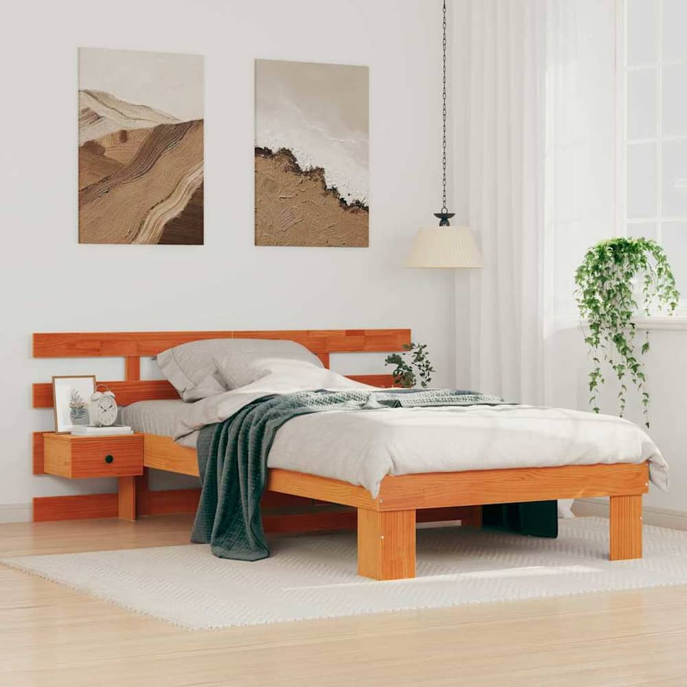 Bed Frame Headboard Solid Pine Wood Length Wax brown