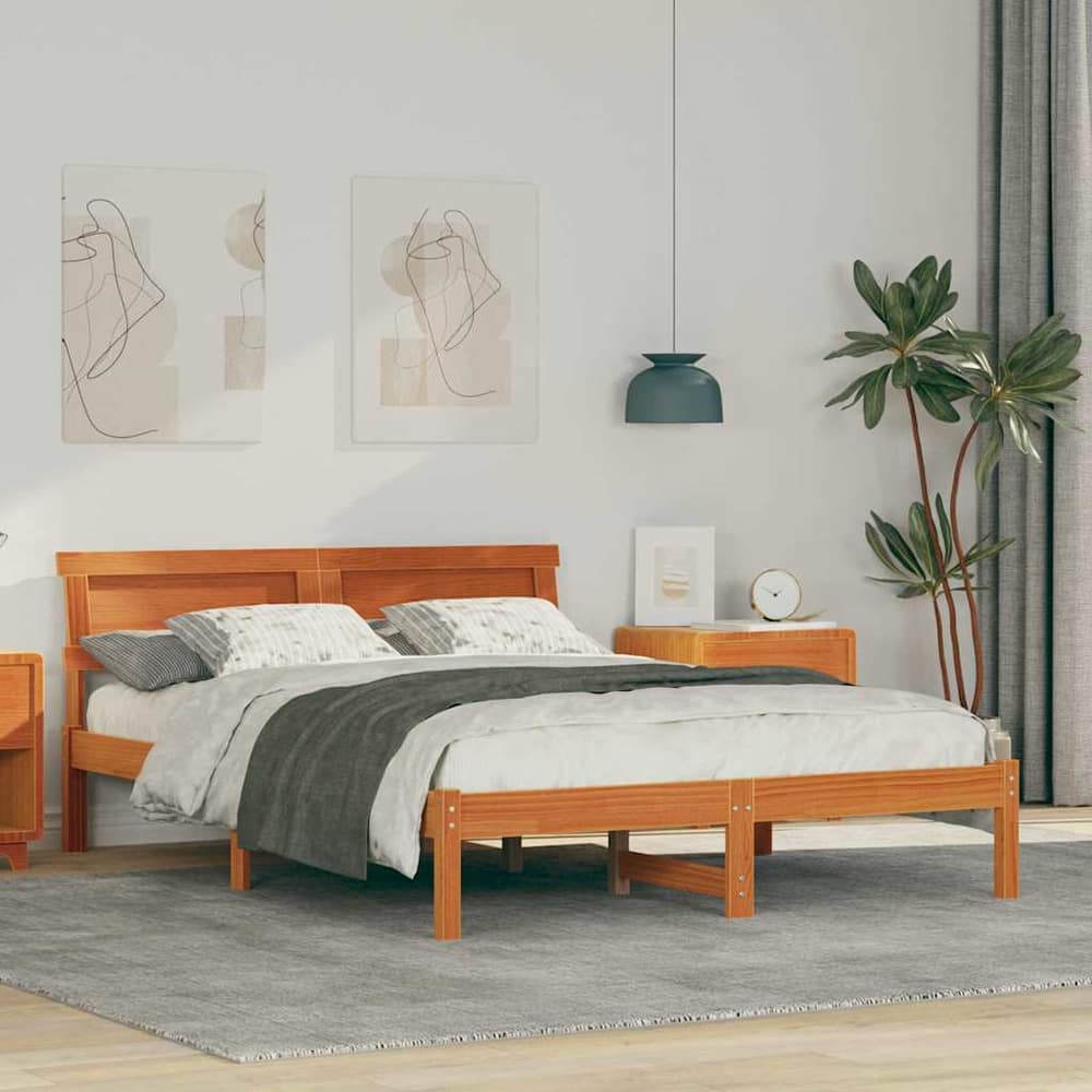 Bed Frame Headboard Solid Pine Wood Length Wax brown