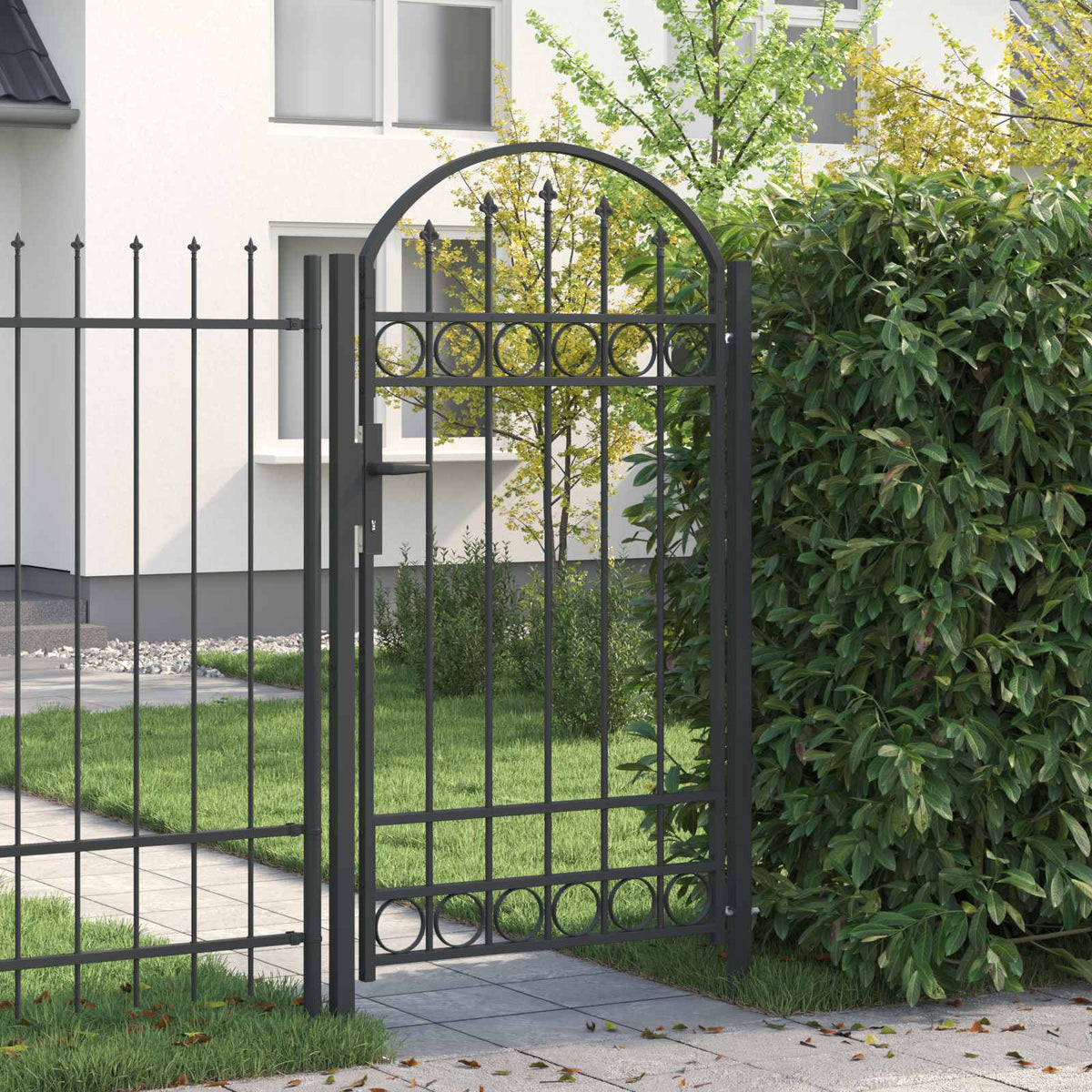 Fence Gate ASSEN with Arched Top Steel Grey 100 cm 175 cm