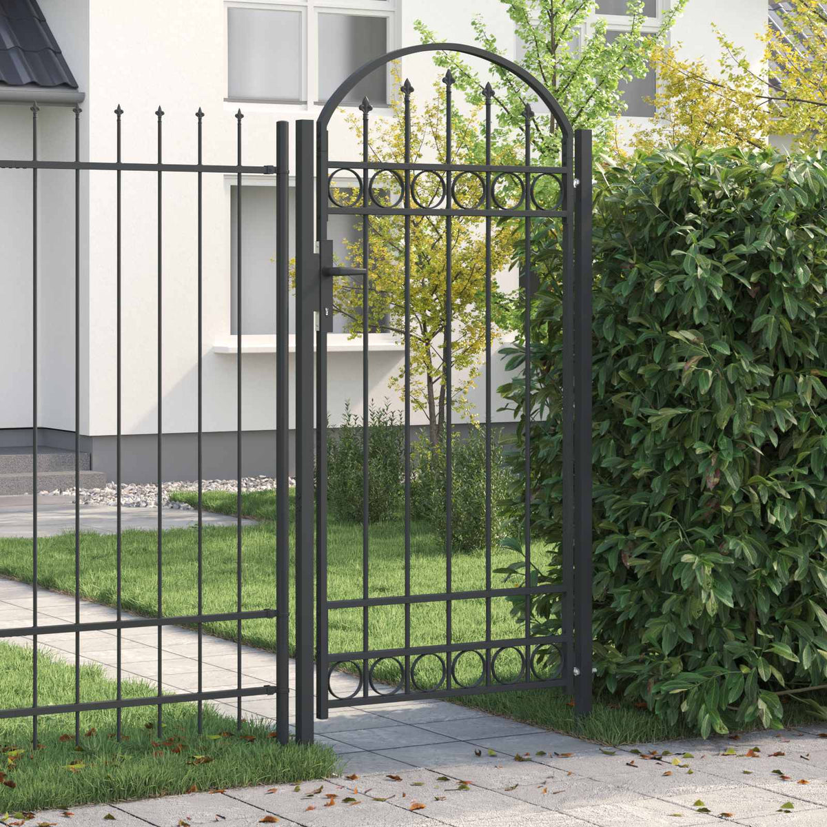 Fence Gate ASSEN with Arched Top Steel Grey 100 cm 200 cm