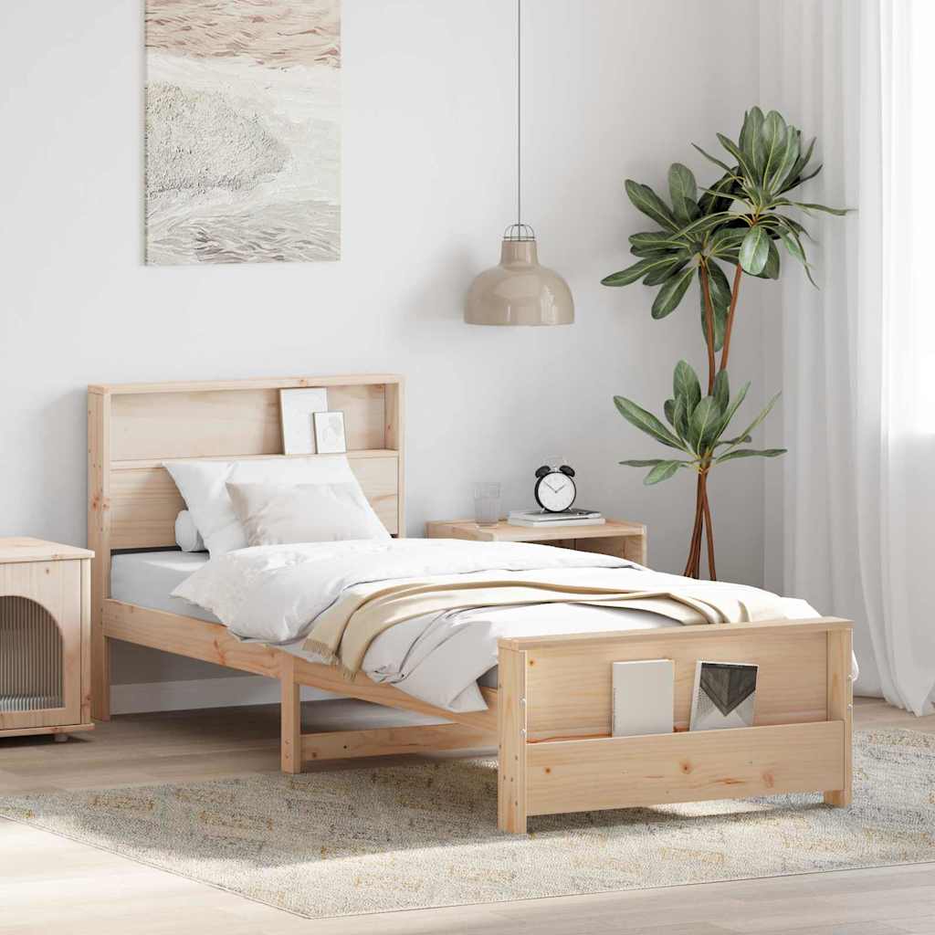 Bed Frame with Shelf Brown Solid Pine Wood Length 200 cm Natural 100 cm