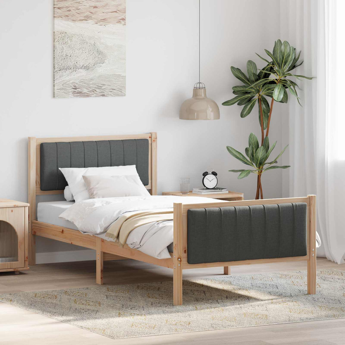 Bed frame Solid pine wood Natural and dark grey 90 x 200 cm