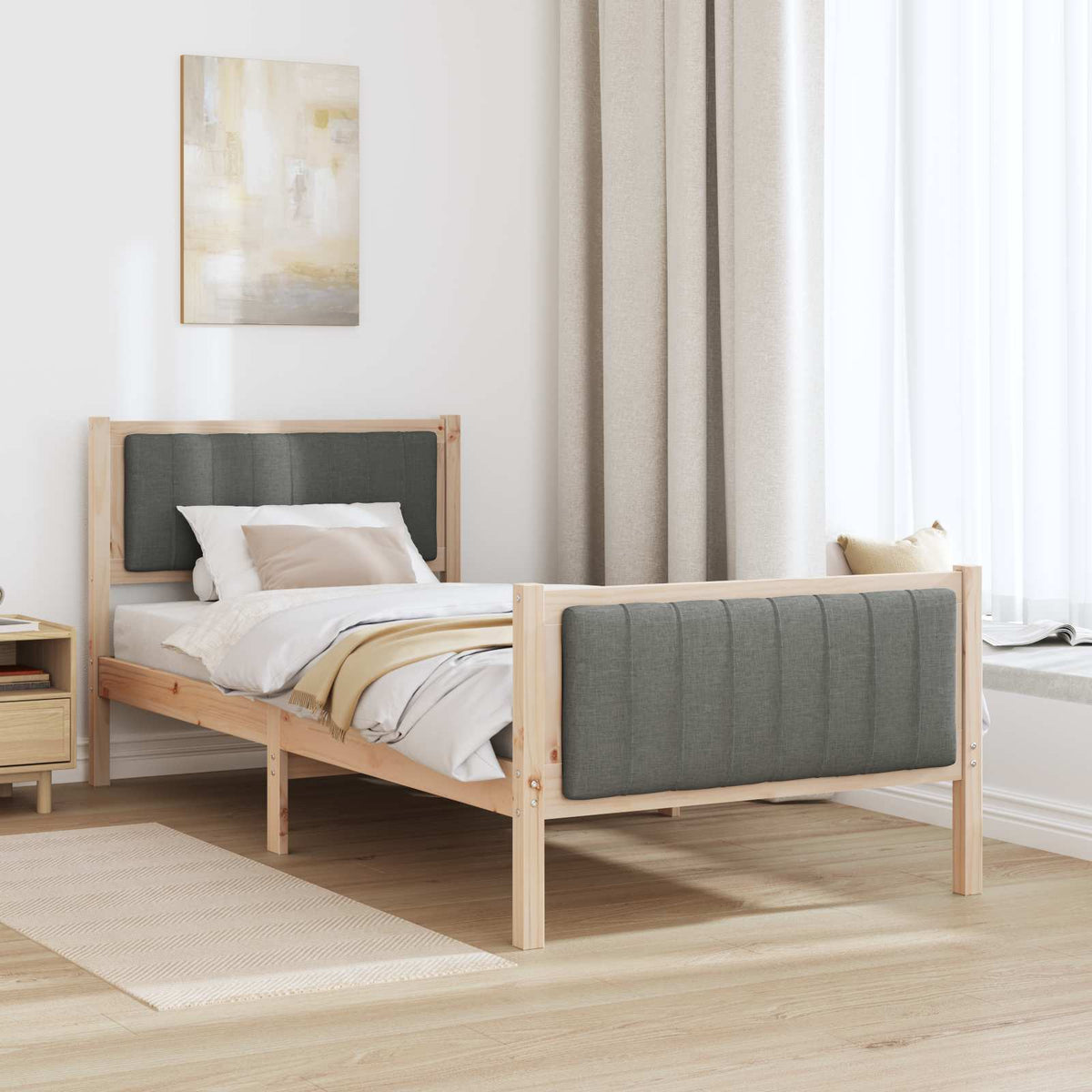 Bed frame Solid pine wood Natural and dark grey 90 x 200 cm