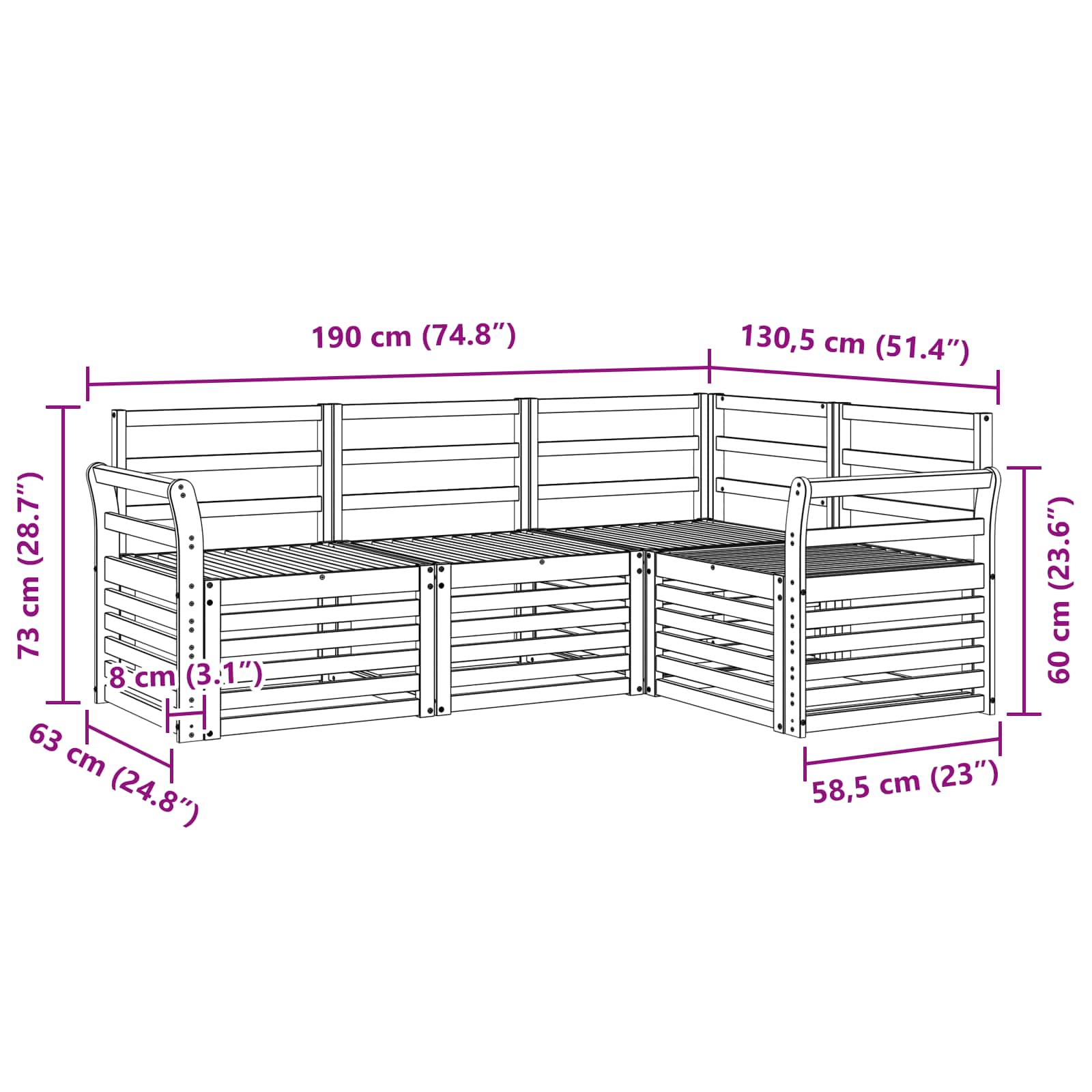 vidaXL Sofa Sets 4 pcs White 190 x 130.5 x 73 cm Solid Acacia Wood 6