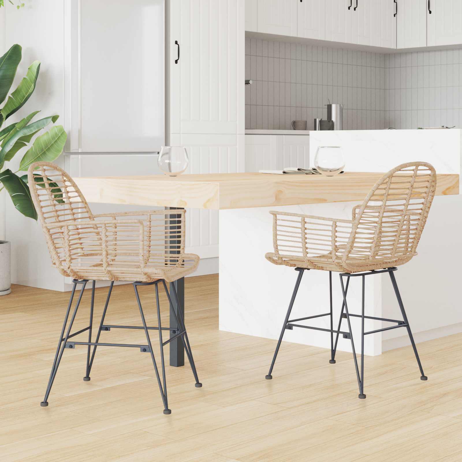vidaXL Dining Chair 2 pcs Rattan and Iron Natural 57 x 55 x 85 cm 3