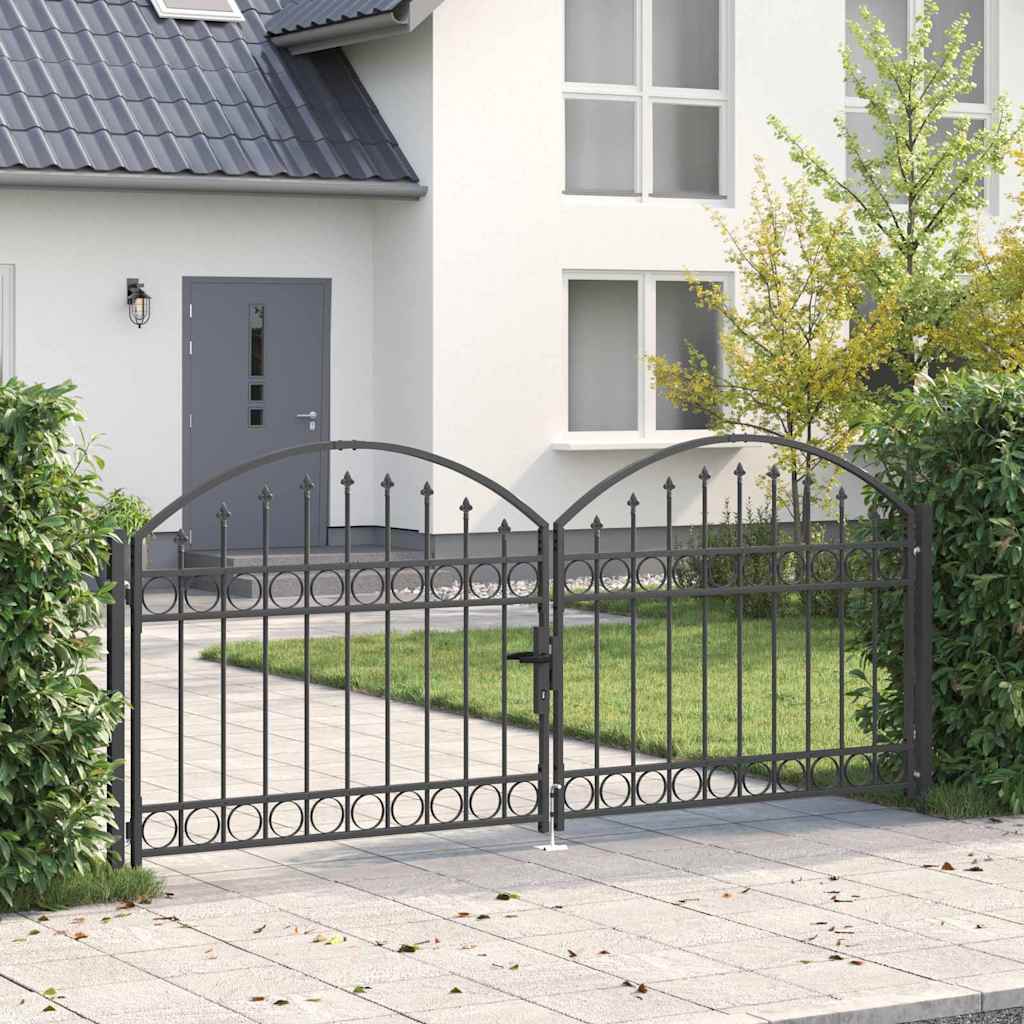 Fence Gate "ASSEN" Double Door with Arched Top Steel Grey 300 cm 125 cm