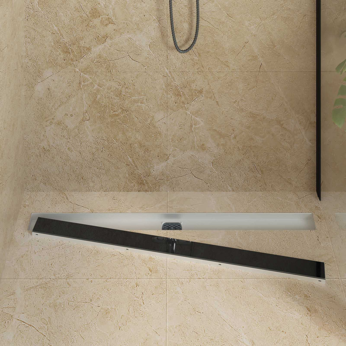 Shower Drain Glass Cover with 360° Siphon Black 100 cm with tempered glass cover