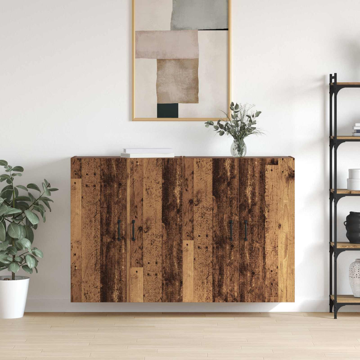 Wall Mounted Cabinets 2 pcs Engineered Wood Metal Black Old wood