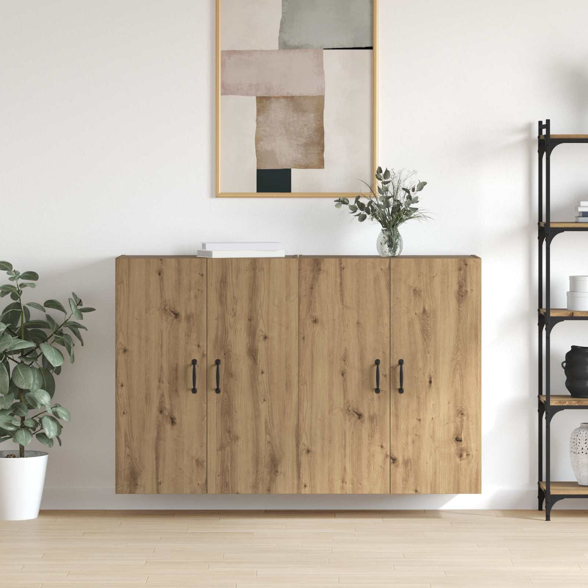 Wall Mounted Cabinets 2 pcs Engineered Wood Metal Black Artisan oak