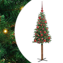 Slim Christmas Tree PVC and Solid Pine wood Green 150 cm with 61 red balls